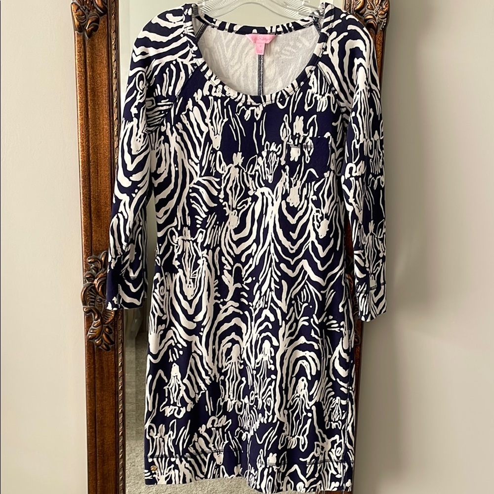 Lilly Pulitzer Blue and White Zebra Sheath Dress with 3/4 Sleeves